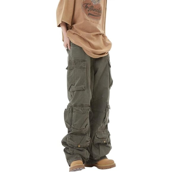 Pants - Fairy Grunge Vibes: Women's Army Green Baggy Cargo Pants for Effortless Style